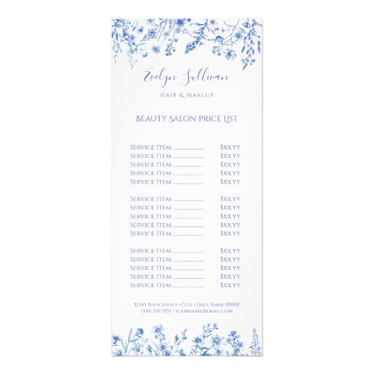 Franse blauwe wilde bloemen prijslijst rack kaart (Voorkant)