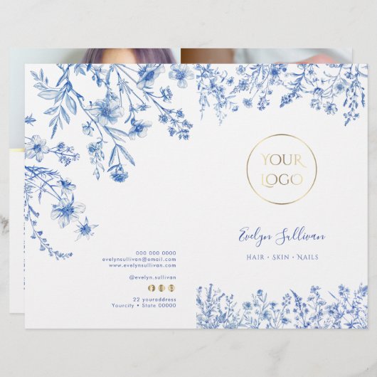 Franse blauwe wilde bloemen service menu brochure (Voorkant / Achterkant)