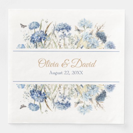 Franse Blauwe Wildflower Meadow bruiloft servetten (Voorkant)