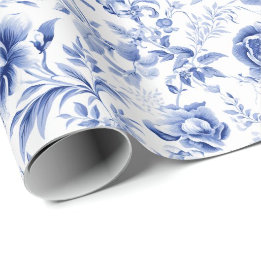 Franse Blauwe Witte Bloem Toile Bruiloft Cadeau Cadeaupapier (Rol Hoek)