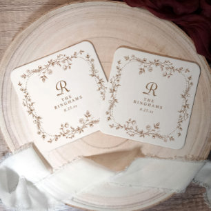 Franse bloem bruine crème vintage monogram bruilof kartonnen onderzetters