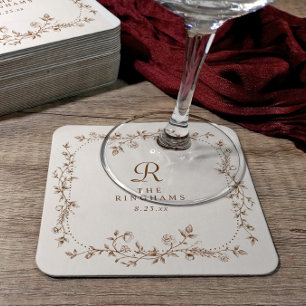 Franse bloem bruine crème vintage monogram bruilof kartonnen onderzetters