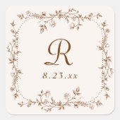 Franse bloem bruine vintage monogram bruiloft vierkante sticker (Voorkant)
