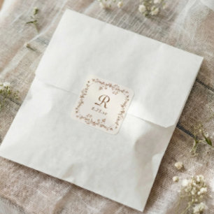 Franse bloem bruine vintage monogram bruiloft vierkante sticker
