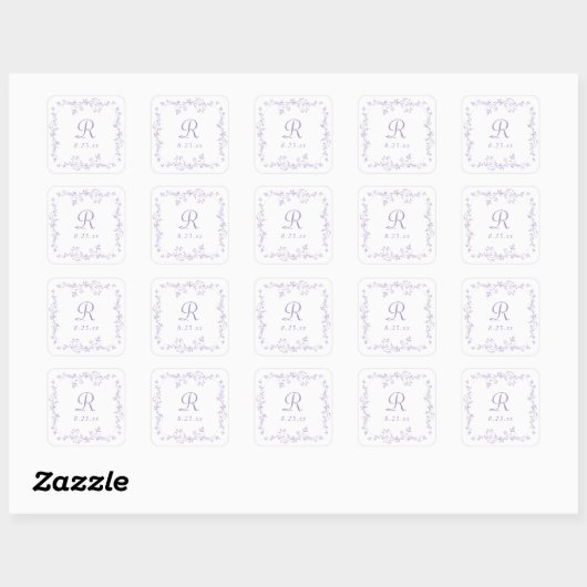 Franse bloem lavendel paarse monogram bruiloft vierkante sticker (Vel)