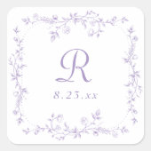 Franse bloem lavendel paarse monogram bruiloft vierkante sticker (Voorkant)
