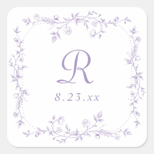 Franse bloem lavendel paarse monogram bruiloft vierkante sticker (Voorkant)