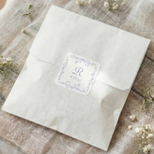 Franse bloem lavendel paarse monogram bruiloft vierkante sticker