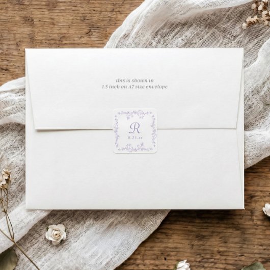 Franse bloem lavendel paarse monogram bruiloft vierkante sticker