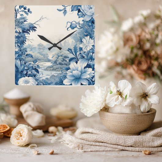 Franse bloem toile blauw vierkante klok