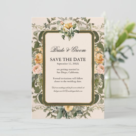 Franse Bloemen Elegante  Gele Roos in Goud Kaart (Staand voorkant)