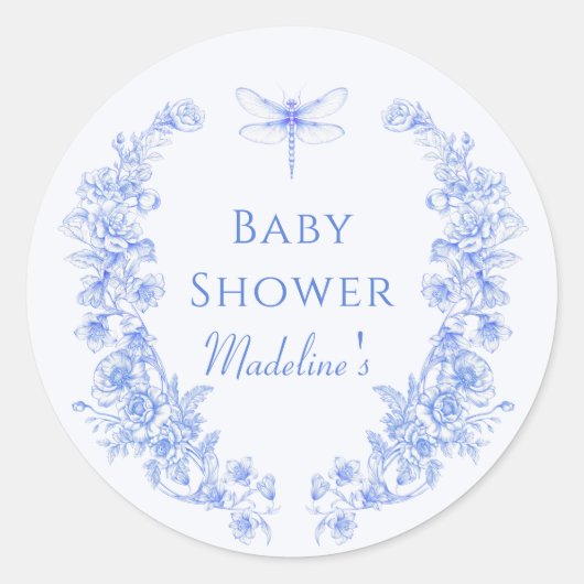Franse Bloemen Iets Blauw Dragonfly Baby shower Ronde Sticker (Voorkant)