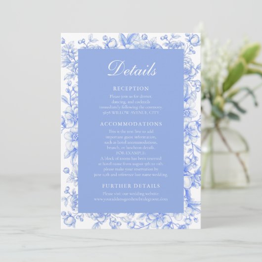 Franse Bloemen Iets Blauw Trouwinformatie Kaart (Staand voorkant)
