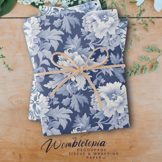   Franse bloemen in blauw en wit Inpakpapier Vel