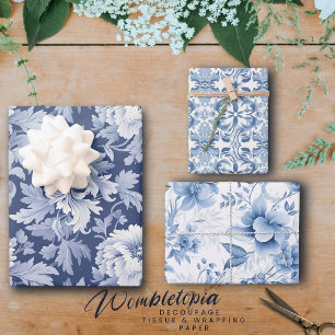 Franse bloemen in blauw en wit Inpakpapier Vel