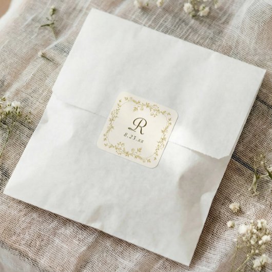 Franse Bloemengoud & Ivoor Monogram Huwelijk Vierkante Sticker