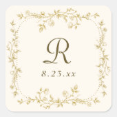 Franse Bloemengoud & Ivoor Monogram Huwelijk Vierkante Sticker (Voorkant)