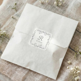 Franse Bloemengrijs Vintage Monogram Bruiloft Vierkante Sticker
