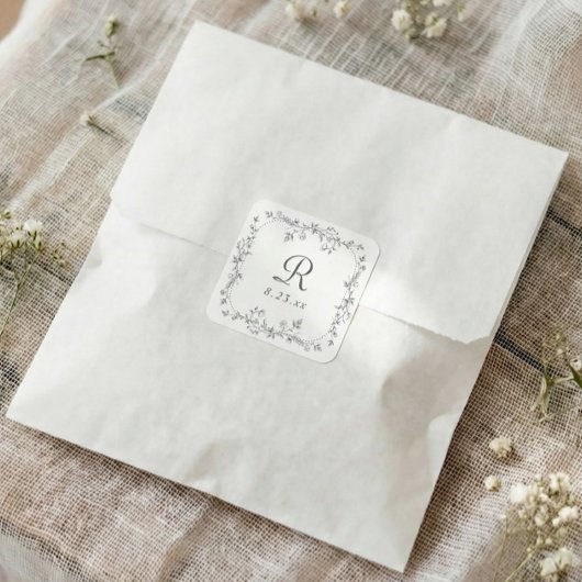 Franse Bloemengrijs Vintage Monogram Bruiloft Vierkante Sticker