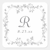 Franse Bloemengrijs Vintage Monogram Bruiloft Vierkante Sticker (Voorkant)