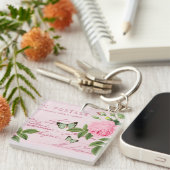 Franse bloemensleutelring met roze roos sleutelhanger (Voorkant Rechts)