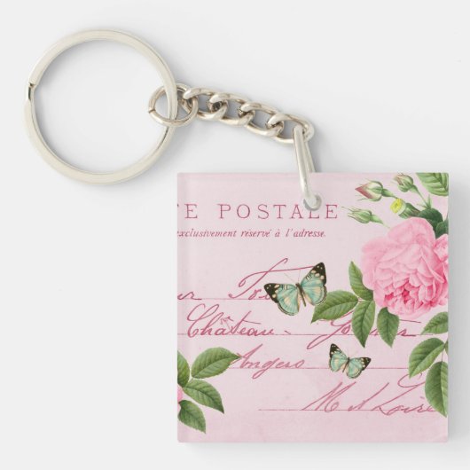 Franse bloemensleutelring met roze roos sleutelhanger (voorkant)