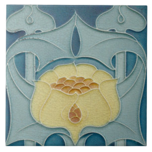 Franse bloemgele bloem Art Nouveau aqua blauw Tegeltje