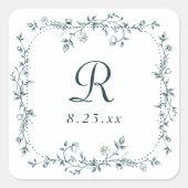 Franse bloemige smaragdgroene monogram bruiloft vierkante sticker (Voorkant)