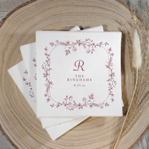 Franse bloemrijke bordeauxrode monogram bruiloft servet
