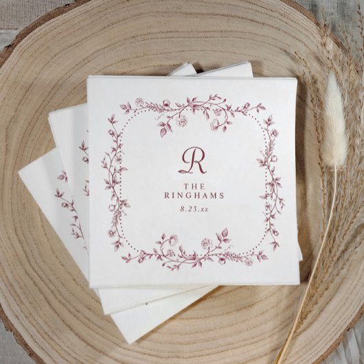 Franse bloemrijke bordeauxrode monogram bruiloft servet
