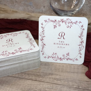 Franse bloemrijke bordeauxrood donkerrode monogram kartonnen onderzetters