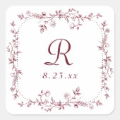 Franse bloemrijke bordeauxrood donkerrode monogram vierkante sticker (Voorkant)