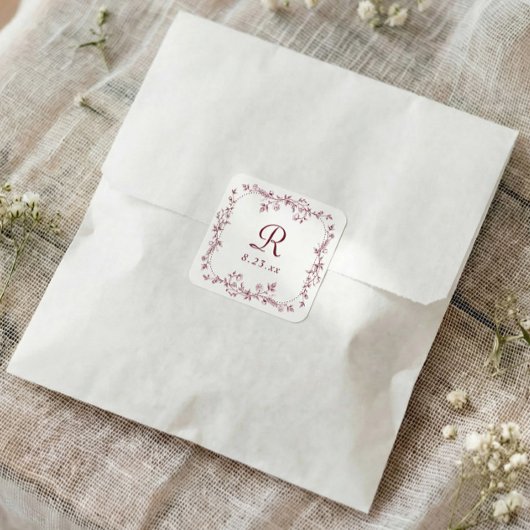 Franse bloemrijke bordeauxrood donkerrode monogram vierkante sticker