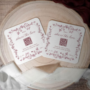 Franse Bloemrijke Bourgondië Donkerrood QR Code Br Kartonnen Onderzetters