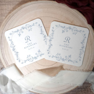 Franse bloemstof stoffig blauwe vintage monogram b kartonnen onderzetters