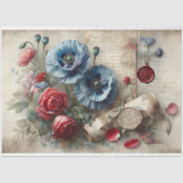 Franse Blue Poppies Rozen Love Letter Decoupage Tissuepapier