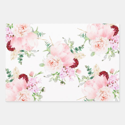 Franse Blush Roze en Witte Waterverf Bloemen Inpakpapier Vel (Voorkant)