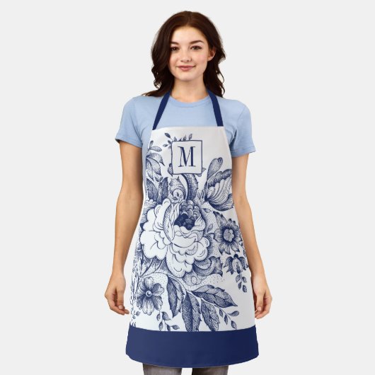  Franse boerderij Peony Monogram Navy Blue Schort (Gedragen)