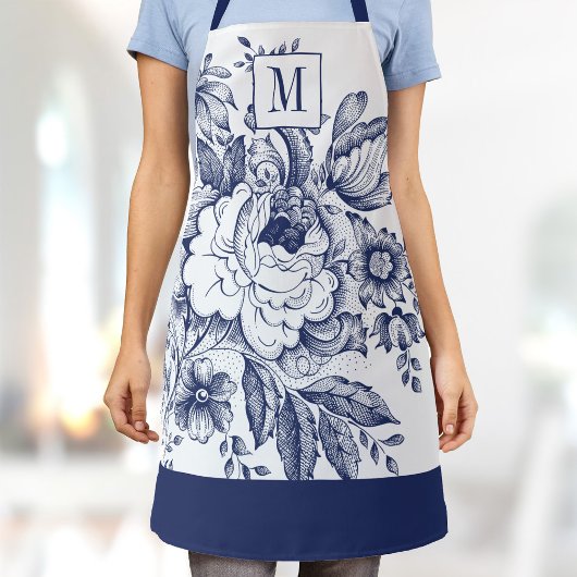  Franse boerderij Peony Monogram Navy Blue Schort