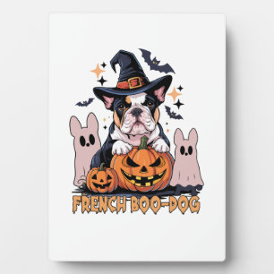 Franse Boo-hond Schattige Franse Halloween-spookho Fotoplaat