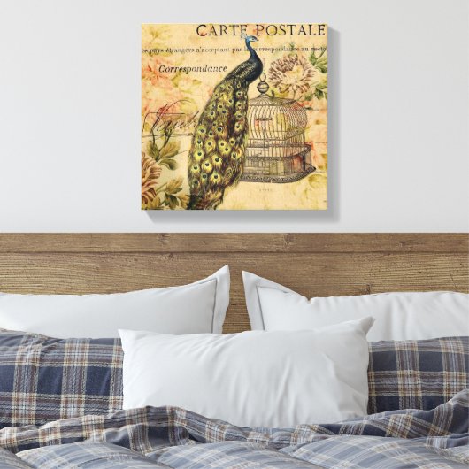 franse botanische kunst nouveau pauw canvas afdruk (Insitu (Slaapkamer))