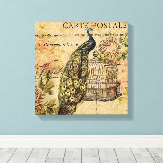 franse botanische kunst nouveau pauw canvas afdruk (Insitu (Houten vloer))