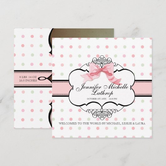 Franse Bow Damask Swirl Geboorteaankondiging Meisj Aankondiging (Voorkant / Achterkant)