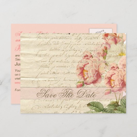 Franse  brief en Rozen slaan de datum op Aankondigingskaart (Voorkant / Achterkant)