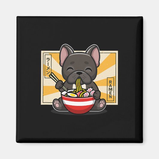 Franse buldog anime eten noedel magneet (Voorkant)