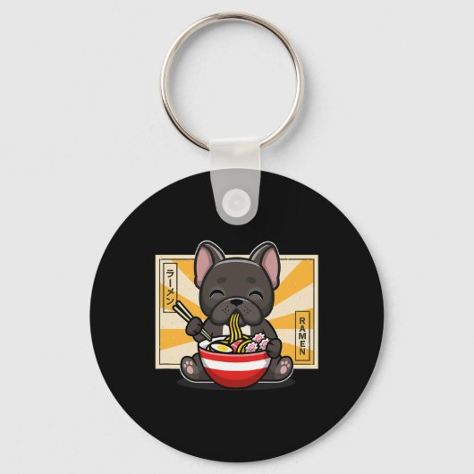 Franse buldog anime eten noedel sleutelhanger (Voorkant)