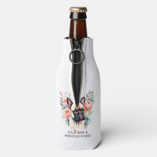 Franse buldog bloemen koud bier franchie kussen flesjeskoeler (Fles Achterkant)