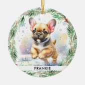 Franse buldog gepersonaliseerde puppy hond kerst keramisch ornament (Voorkant)