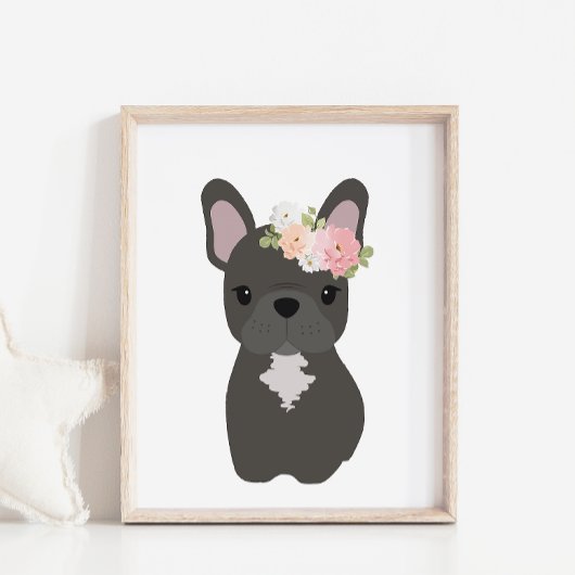 Franse buldog hond met bloemkroon Kinder Poster