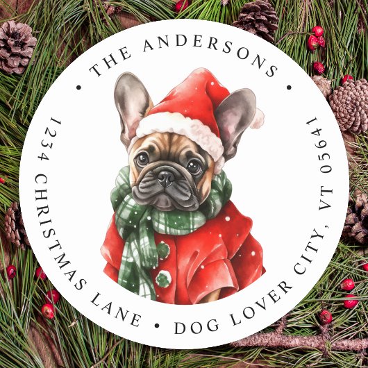 Franse buldog hond Schattige kerst retour adres Ronde Sticker